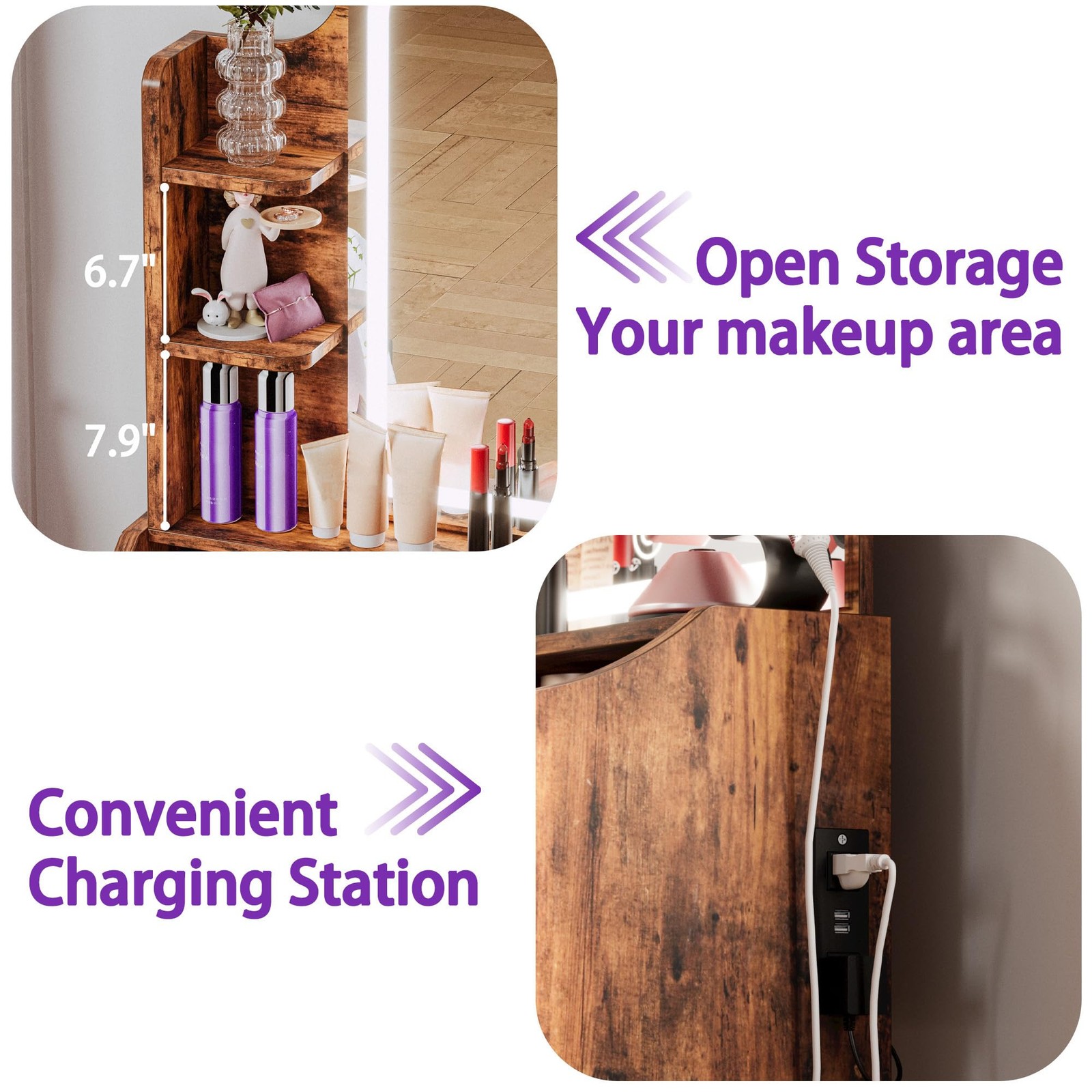 LIKIMIO Small Makeup Vanity Desk with Mirror and Lights, Vanity Table Set with S