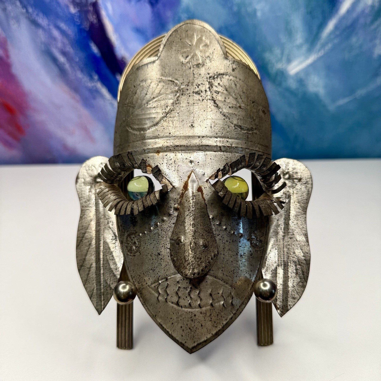 Mexican Tin Folk Art Face Mask Green Glass Eyes Wall Hanging Vintage Cultural