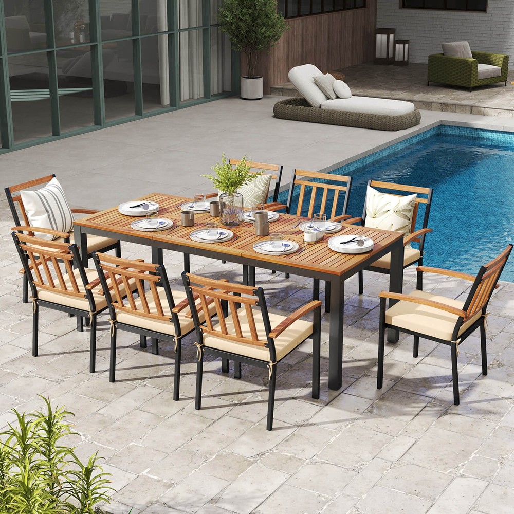 Patio Dining Table for 8 79" Large Rectangle Table with Acacia Wood Tabletop