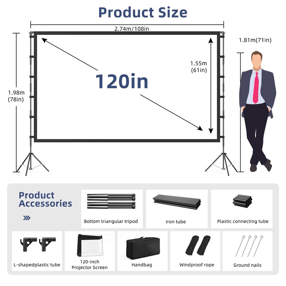 Projector Screen Outdoor, Projector Screen with Stand Portable 120" Foldable ...