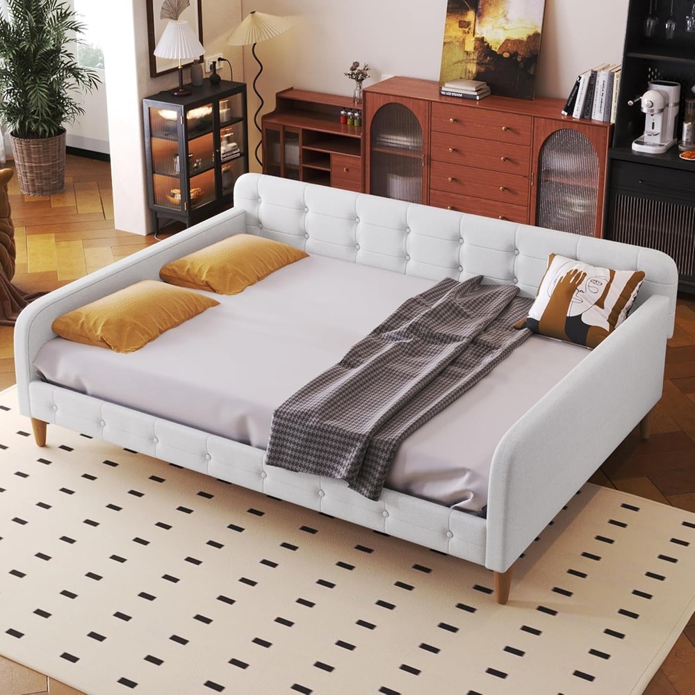 Twin Size Upholstered Daybed W/ 4 Support Legs Linen Sofa Bed Frame W/ Button