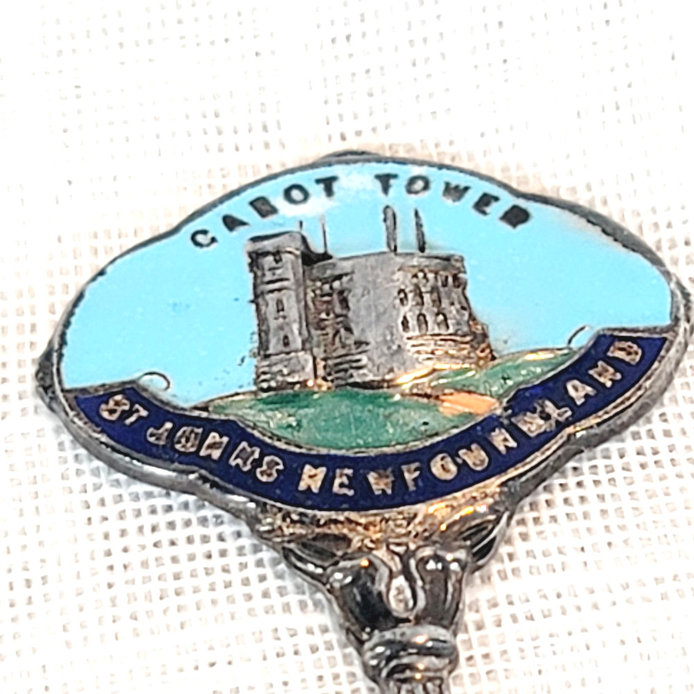Exquisite EPNS Silverplated Enamel Spoon Cabot Tower St Johns Newfoundland Vtg
