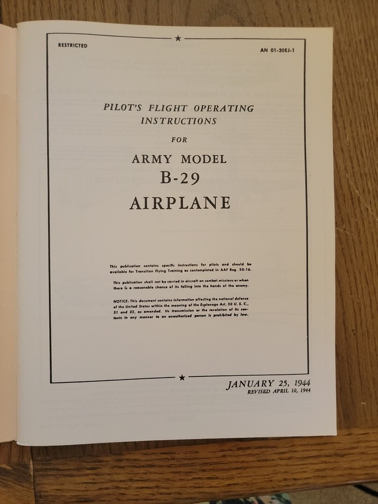 Model B-29 Superfortress 1984 Pilot’s Flight Operating Instructions For Army