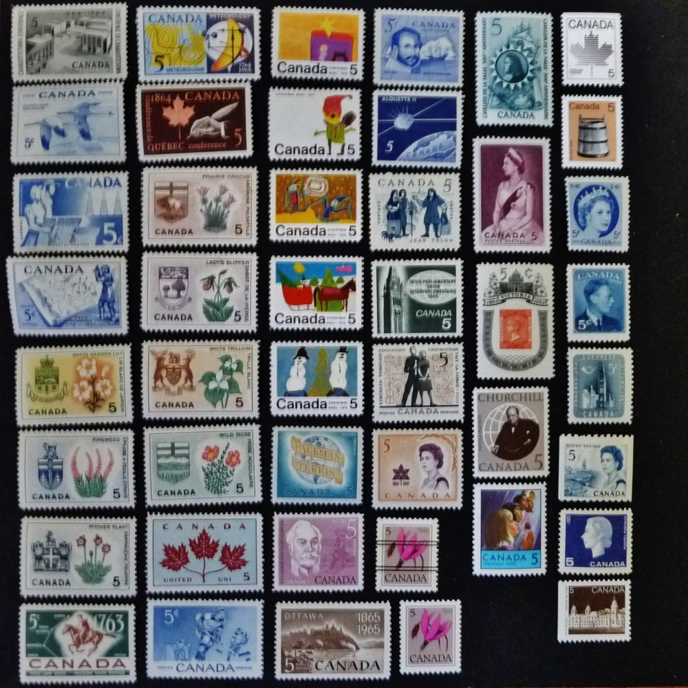 45 Canada 5 Cent Stamps, All Different Mostly Early