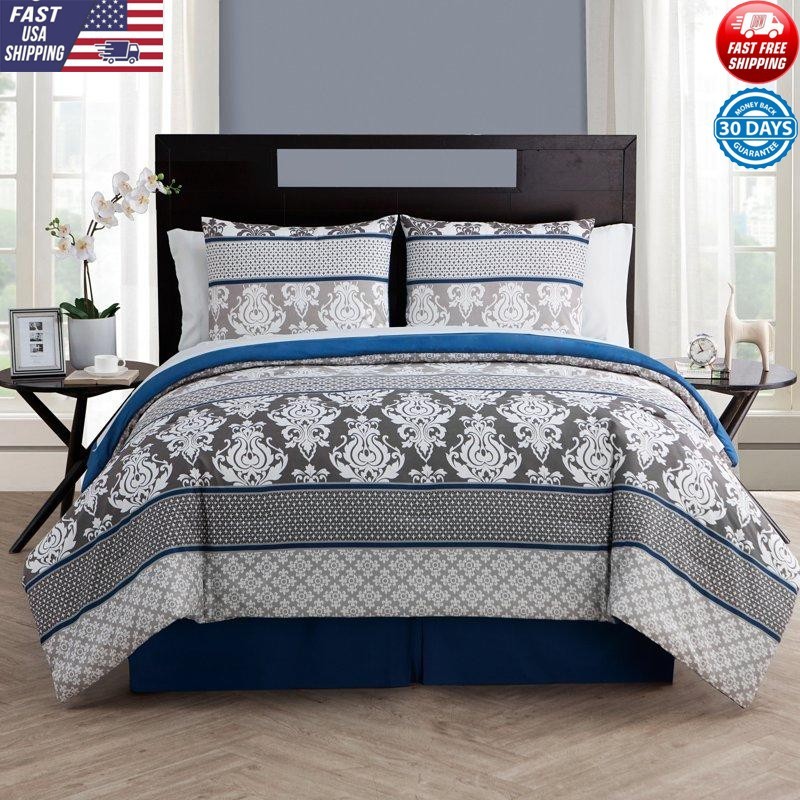 Damask 8-Pcs Queen Bedding Set Soft Microfiber Machine Washable Elegant Blue New