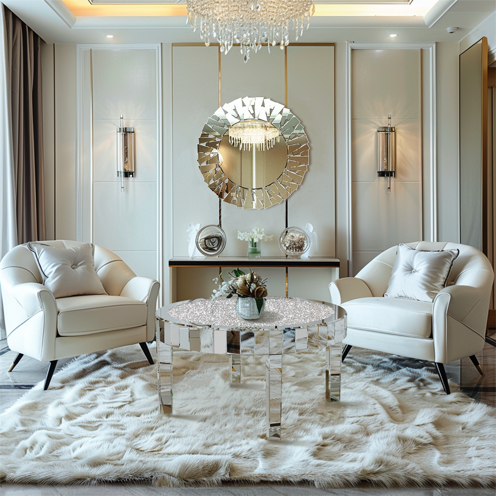 Mirrored Coffee Table Round Silver Accent Beveled Glass Edge Crystal Side Table