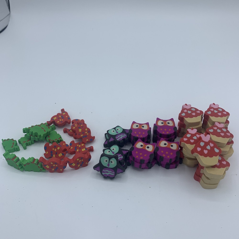 60 Assorted Mini Erasers Owls, Cupcakes & Dinosaurs Teachers Sort & Count