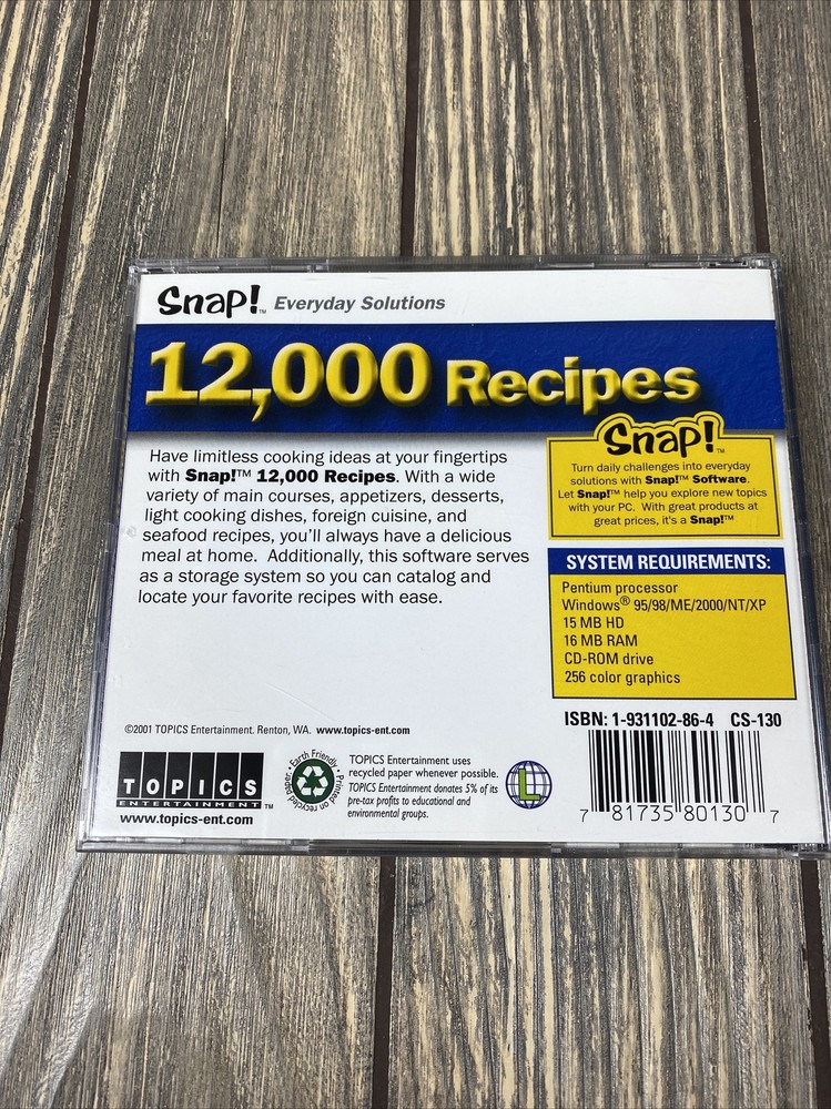 Snap Everyday Solutions 12000 Recipes Computer Disc PC Software 2001