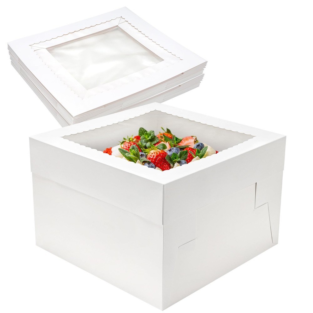 10 Pack Cake Boxes 12x12x8 Inch White Cake Boxes with Window Cajas Para Paste...