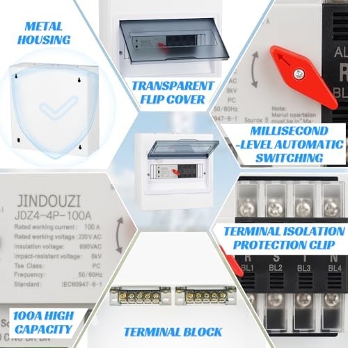 100A Automatic Transfer Switch 220V, Dual Power Generator Switch, Metal Box