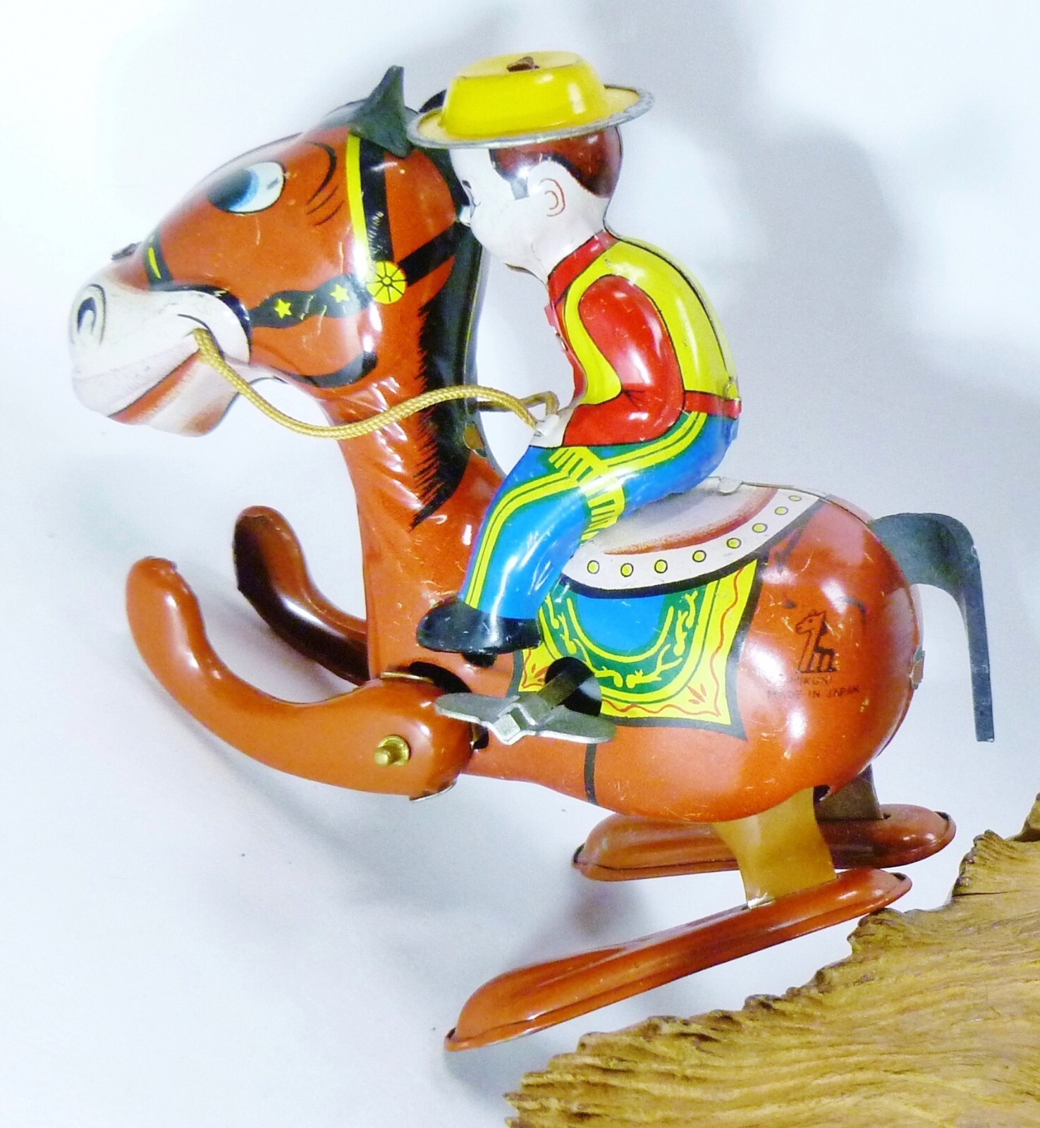 Vintage Mikuni Japan Tin Horse & Cowboy Wind Up Toy Works Great
