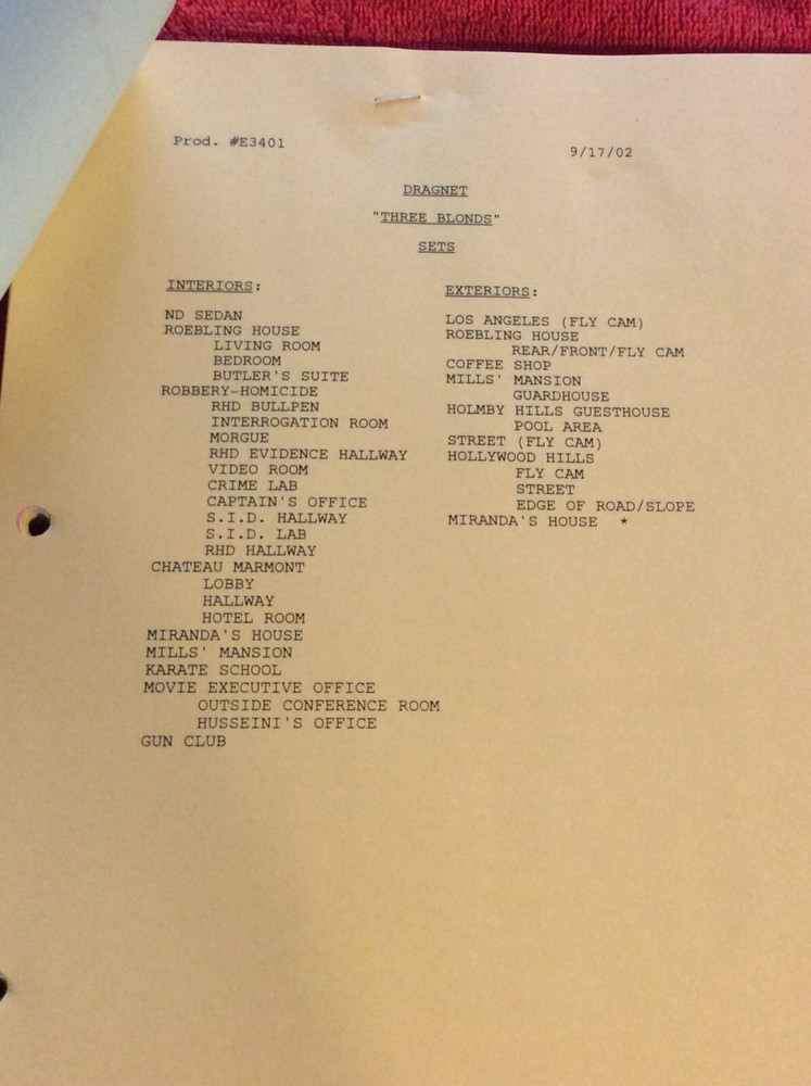 ORIGINAL SCRIPT DRAGNET THREE BLONDS ED O'NEILL EVA LONGORIA ETHAN EMBRY