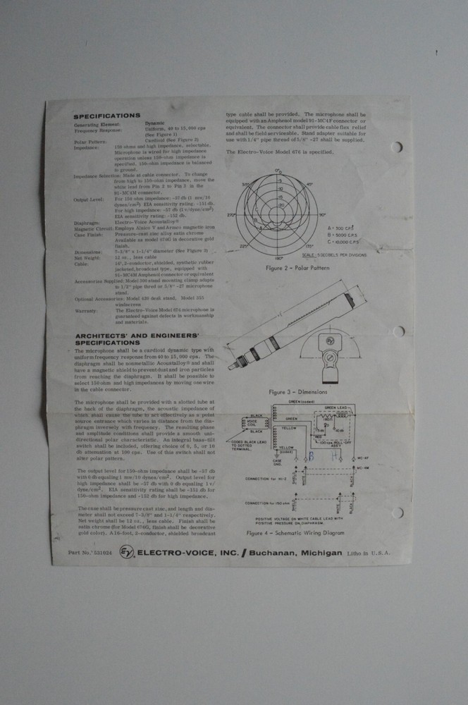 ELECTRO-VOICE model 676 cardioid microphone Engineering data brochure 1960s