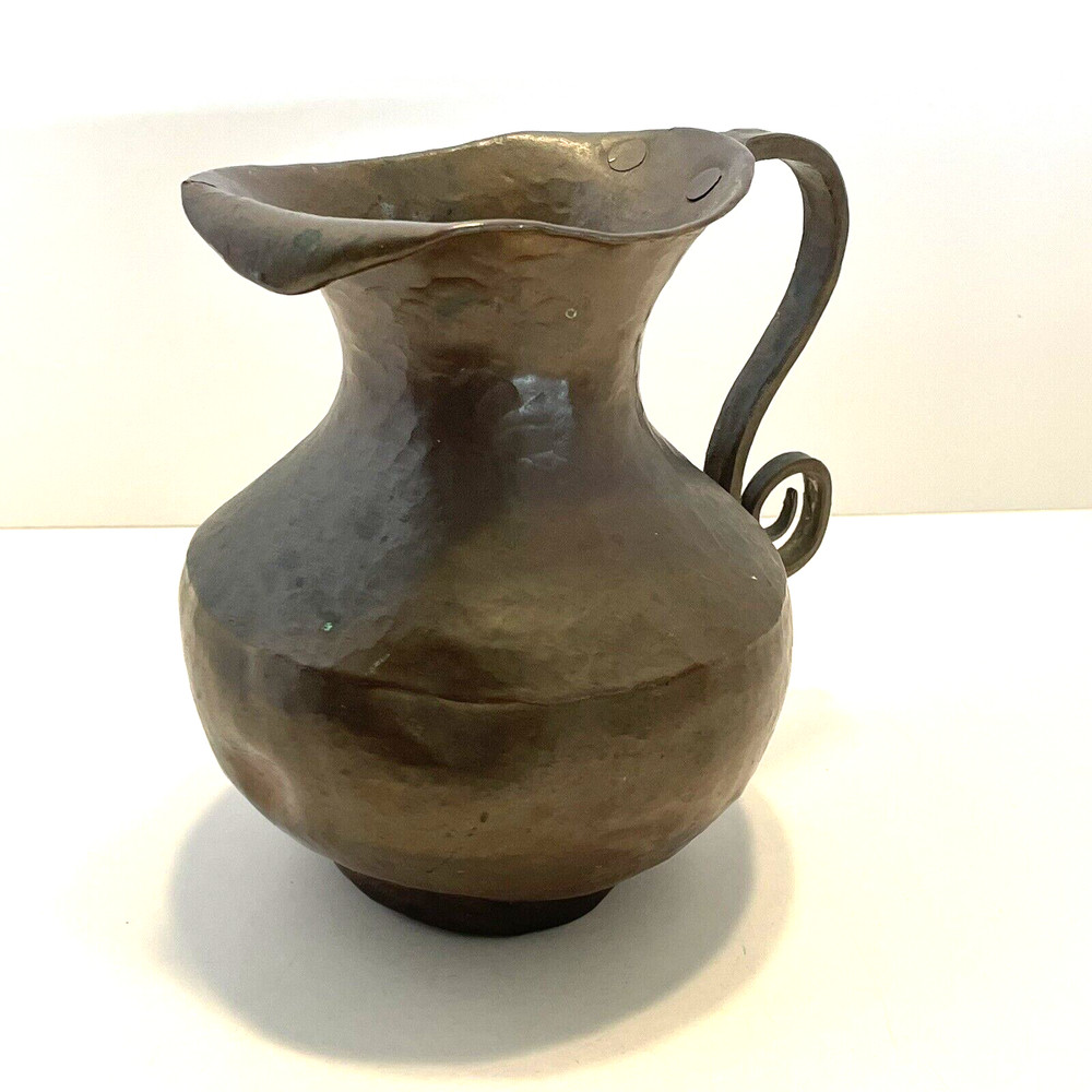 Antique Hammered Copper Pitcher Scrolled Riveted Handle Primitive Jug Dents 6"