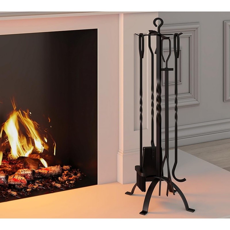 Ergonomic Fireplace Tools Set Cast Iron Fire Pit Accessories Durable 5 Piece New
