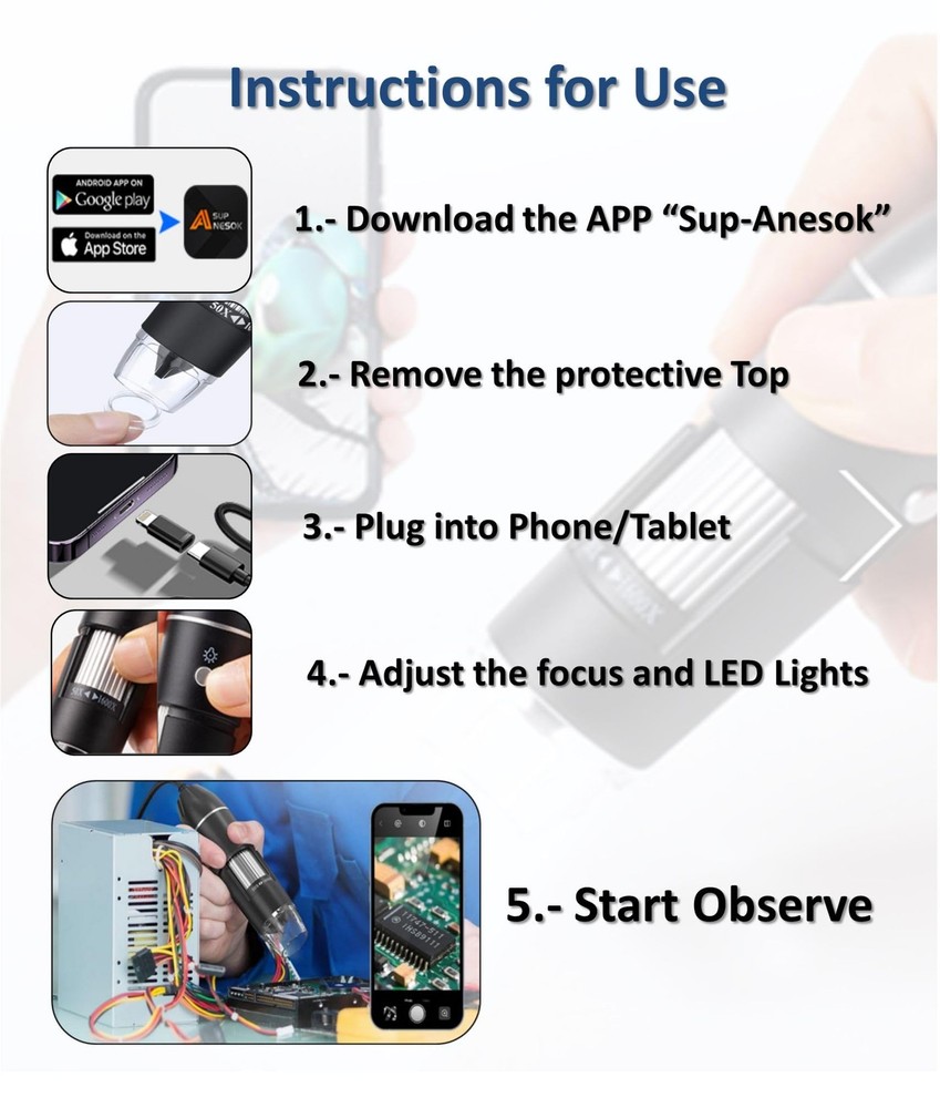 USB Digital Microscope, 50x-1600x Magnification Handheld, No Stand, Black