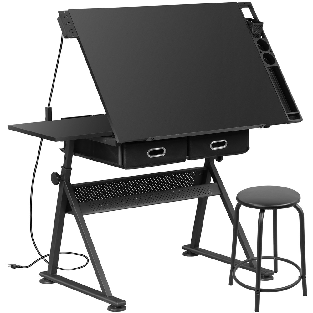 Adjustable Drafting Drawing Table Tabletop Tiltable w/ Stool & Outlet Black