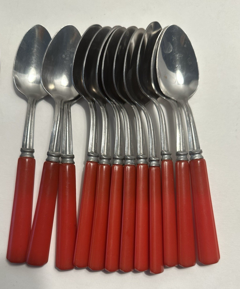 Red Bakelite Handled Stainless Flatware USA - 40 pieces