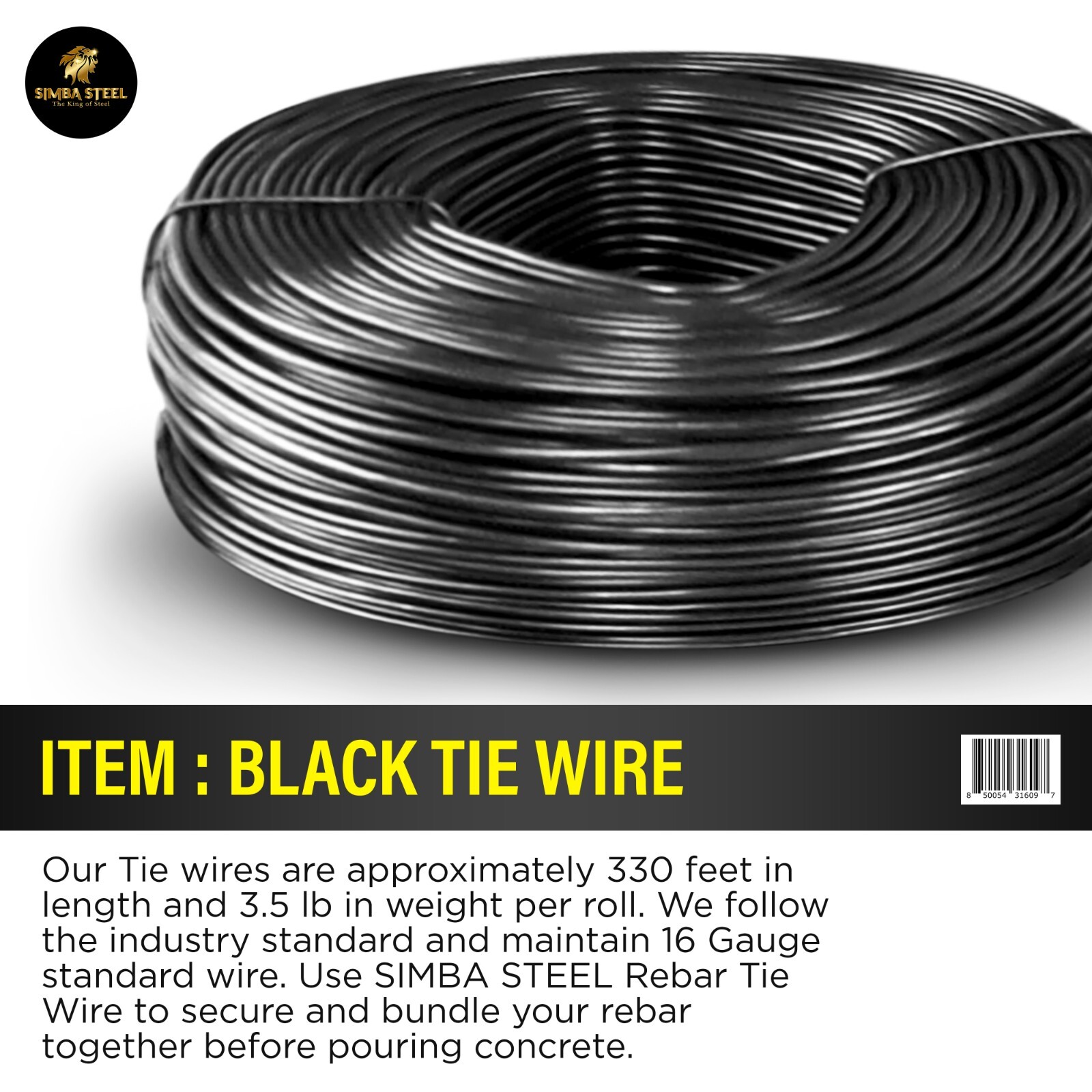 Lot of 10 x 3.5 lb Black Annealed Rebar Tie Wire 16 Gauge, (3300ft) SIMBA STEEL