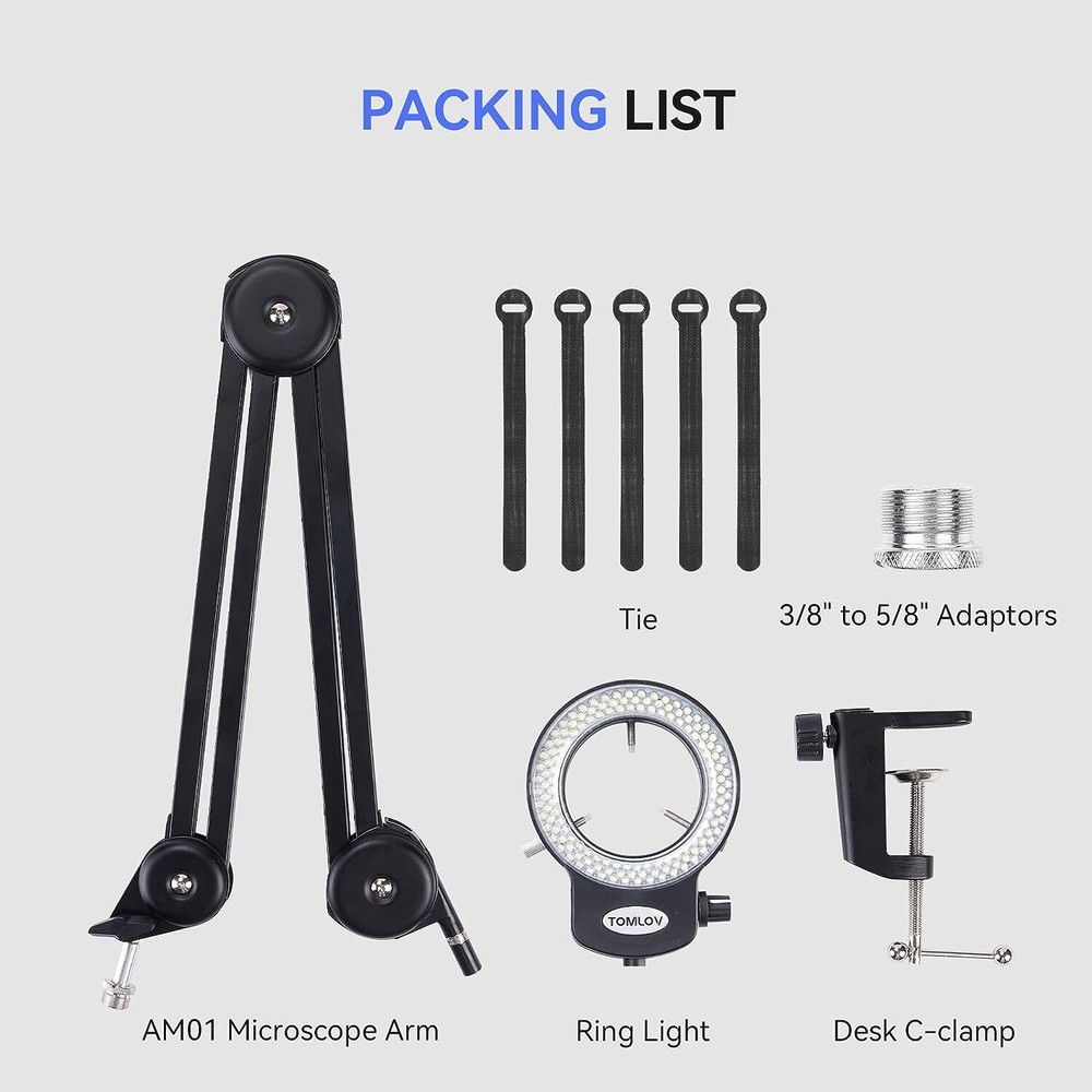 TOMLOV Flexible Arm for Digital Microscope Adjustable Stand + 144 LED Ring Lamp