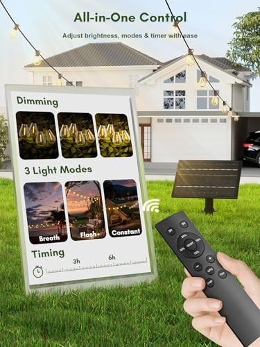 100FT Solar String Lights Waterproof, 35+1 LED Remote Control, 3 Modes, Dimmable