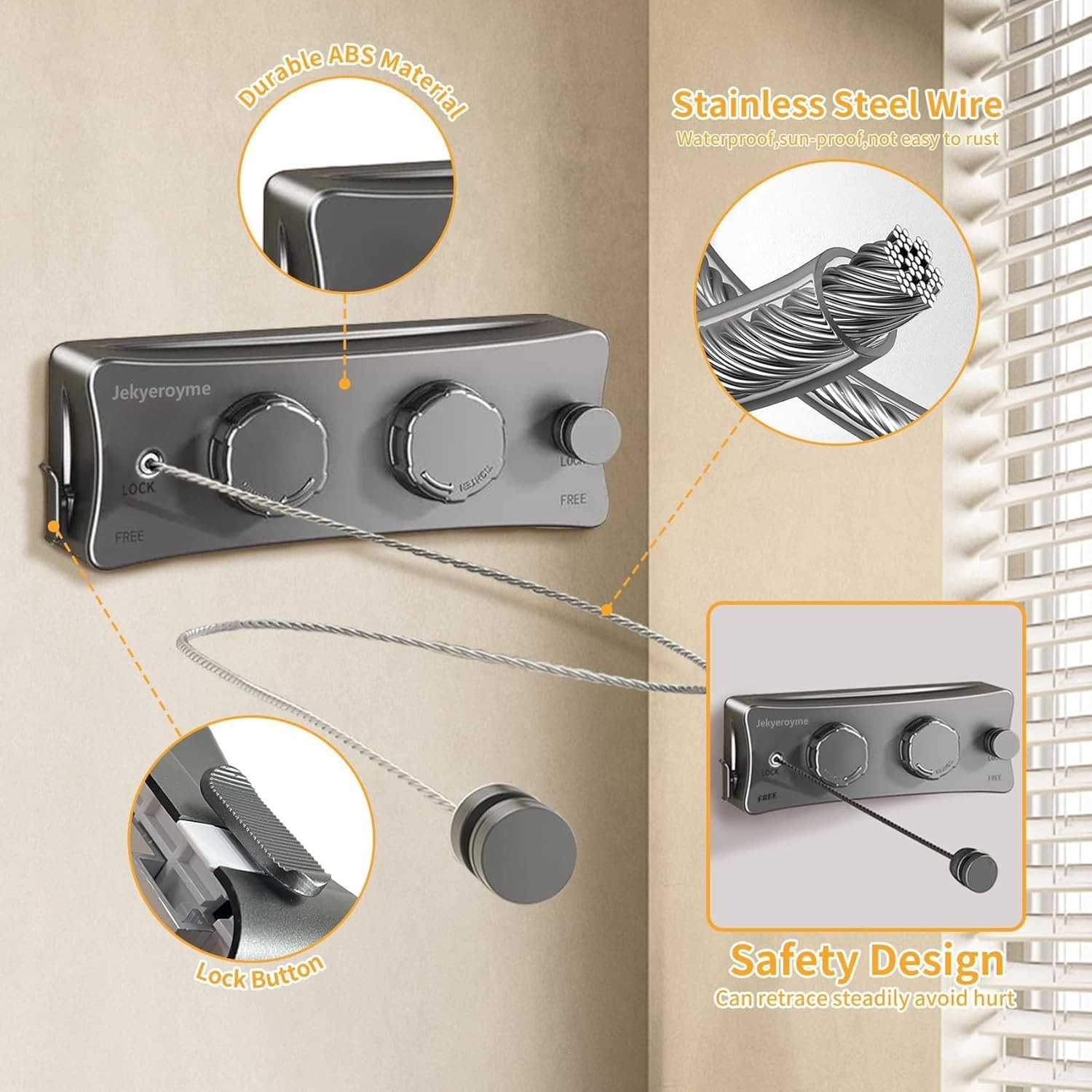 Retractable Clothesline Indoor Outdoor 16.7 Ft Stainless Steel Wall Mounted D...