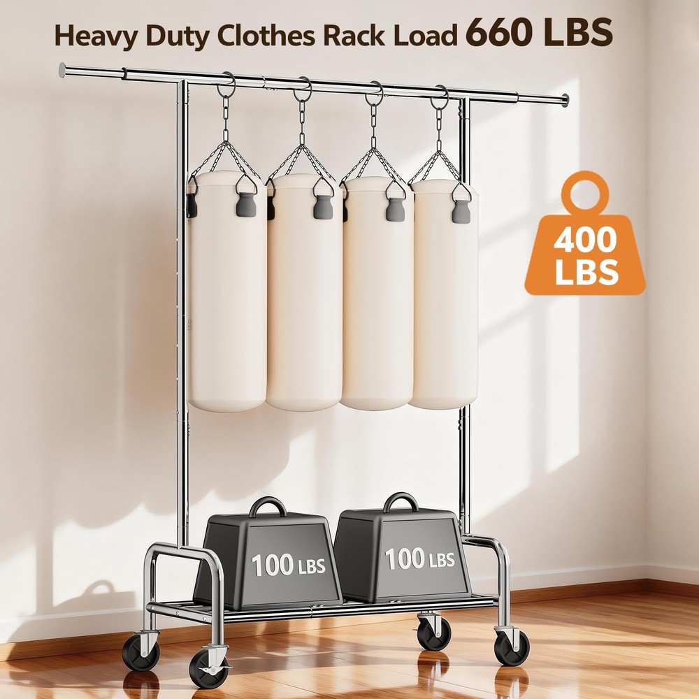 Heavy Duty Clothes Rack Load 660 LBS , Rolling Garment Rack with Lockable Whe...