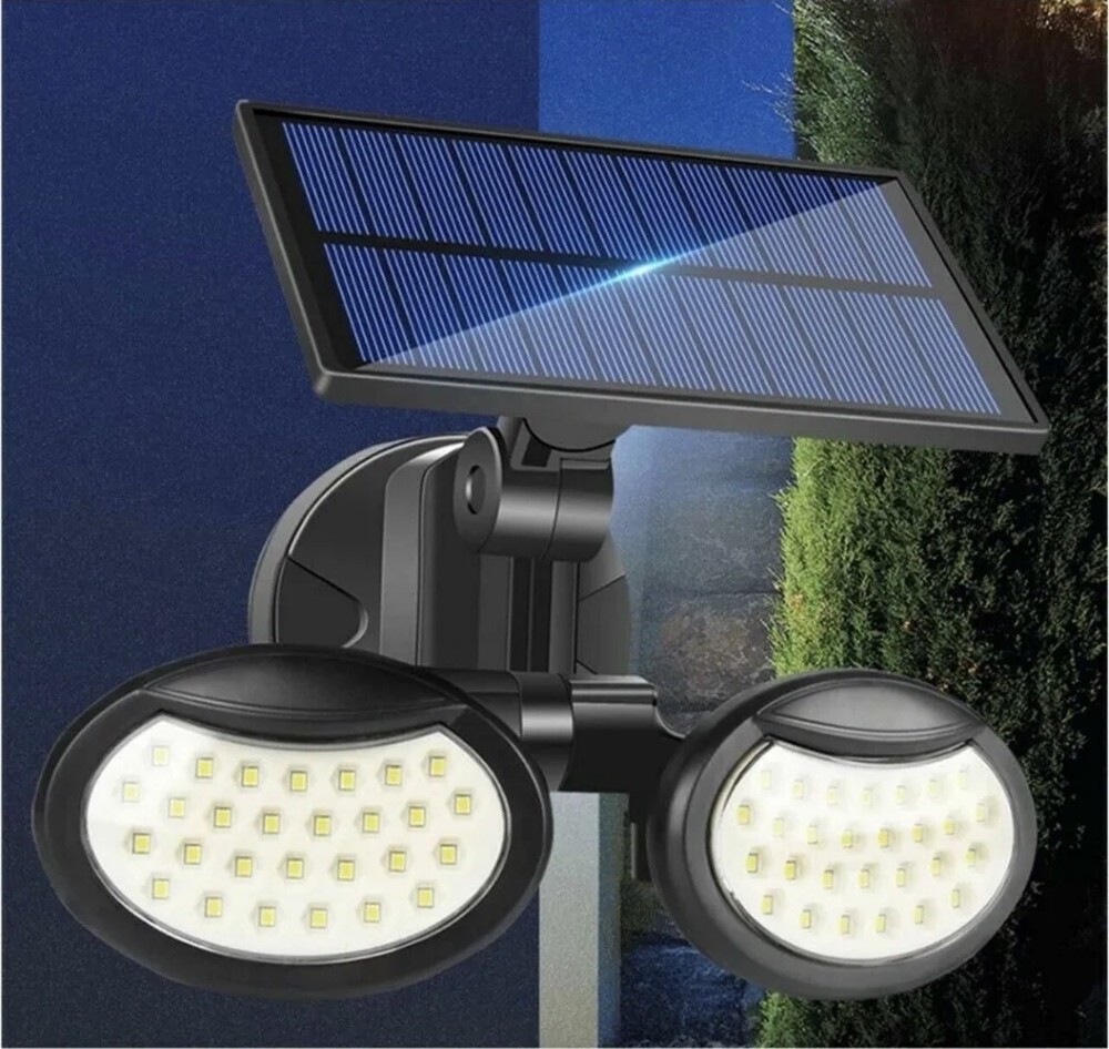 Dual Headlight Solar Panel Rechargeable Spotlight 56 LED Motion Detection Sensor