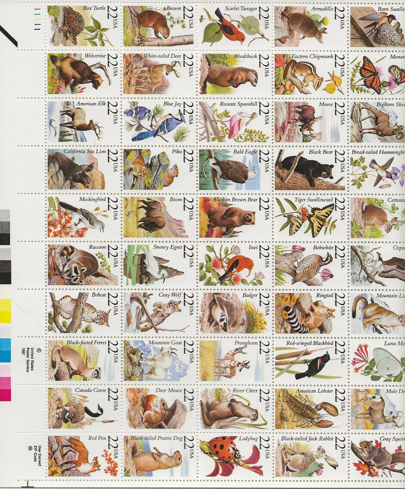 1987 22 cent Animals full Sheet of 50 Scott #2286-2335, Mint NH