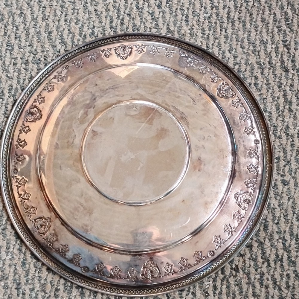 Silver Plated Decorative Tray with Ornate Border, Marked 1705