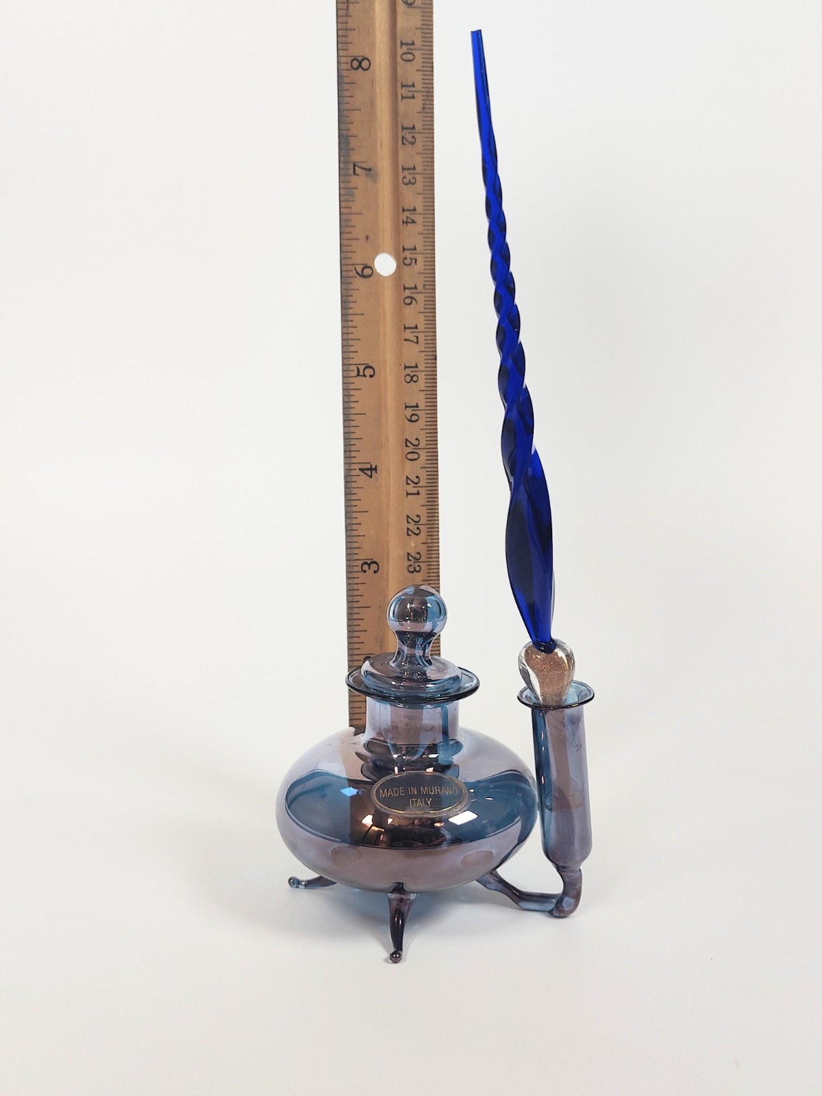 Rare 1960's Murano Glass Inkwell & Dip Pen Set – Cobalt Iridescent Signed Italy