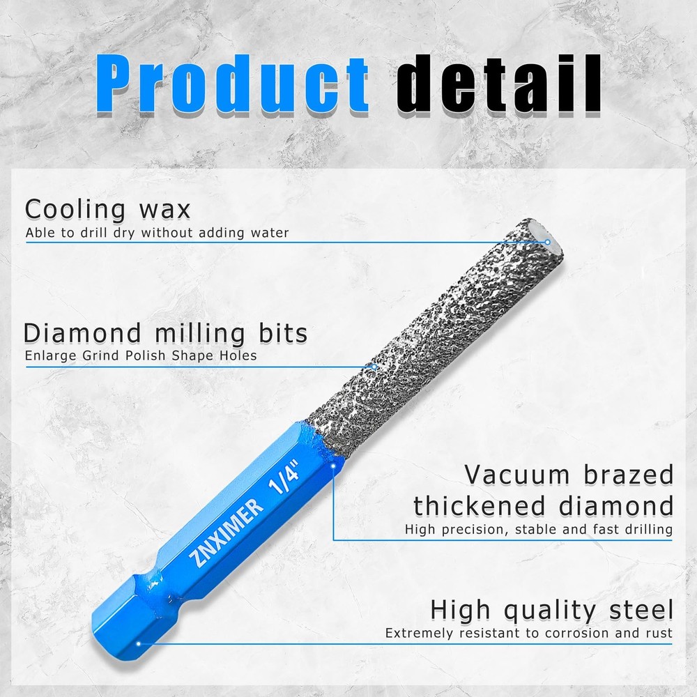 ZNXIMER Tile Drill Bits, 10pcs 1/4" Diamond Drill Bits for Ceramic Glass