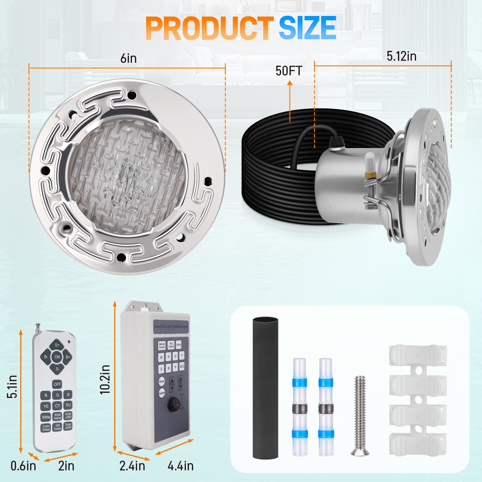 6 Inch LED Pool Light 15W RGB Swimming Pool Light w/Controller for Inground Pool