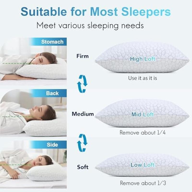 Cooling Pillows 2 Pack Shredded Memory Foam Adjustable Supportive Breathable New