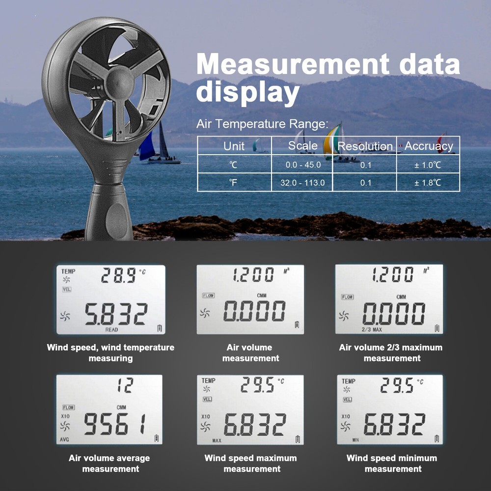 HoldPeak Digital Anemometer Wind Speed Air Flow Volume Meter with USB Data Logge