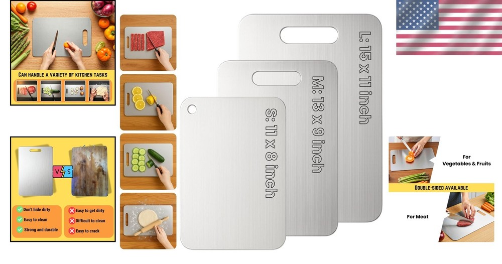 Titanium Chopping Board Set 3, Medical Grade, Double Sided, Durable, Silver