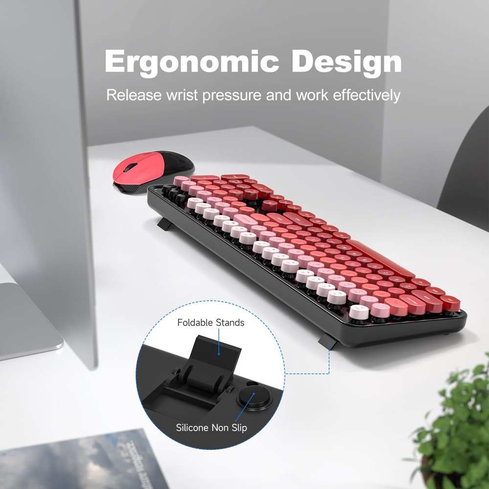 Wireless Keyboard Mouse Combo 2.4GHz Retro Typewriter Black Red Gradient