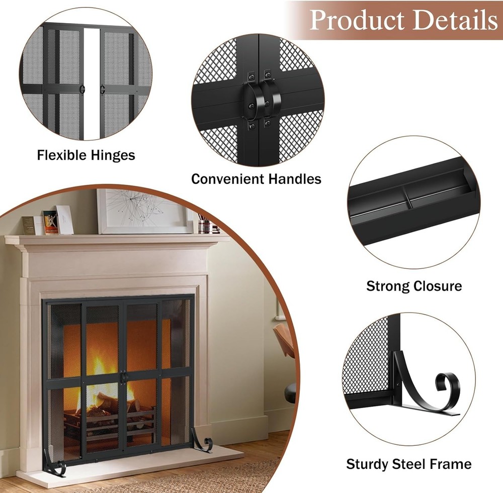 Fireplace Screen with Sliding Doors Wrought Iron Spark Guard Safety Protector
