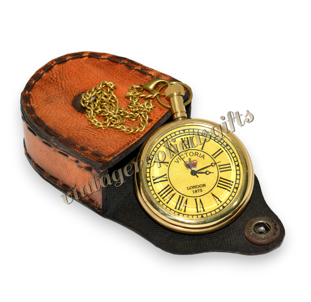 Vintage Brass Pocket Watch with Chain & case Classic Timepiece, Fully Functional