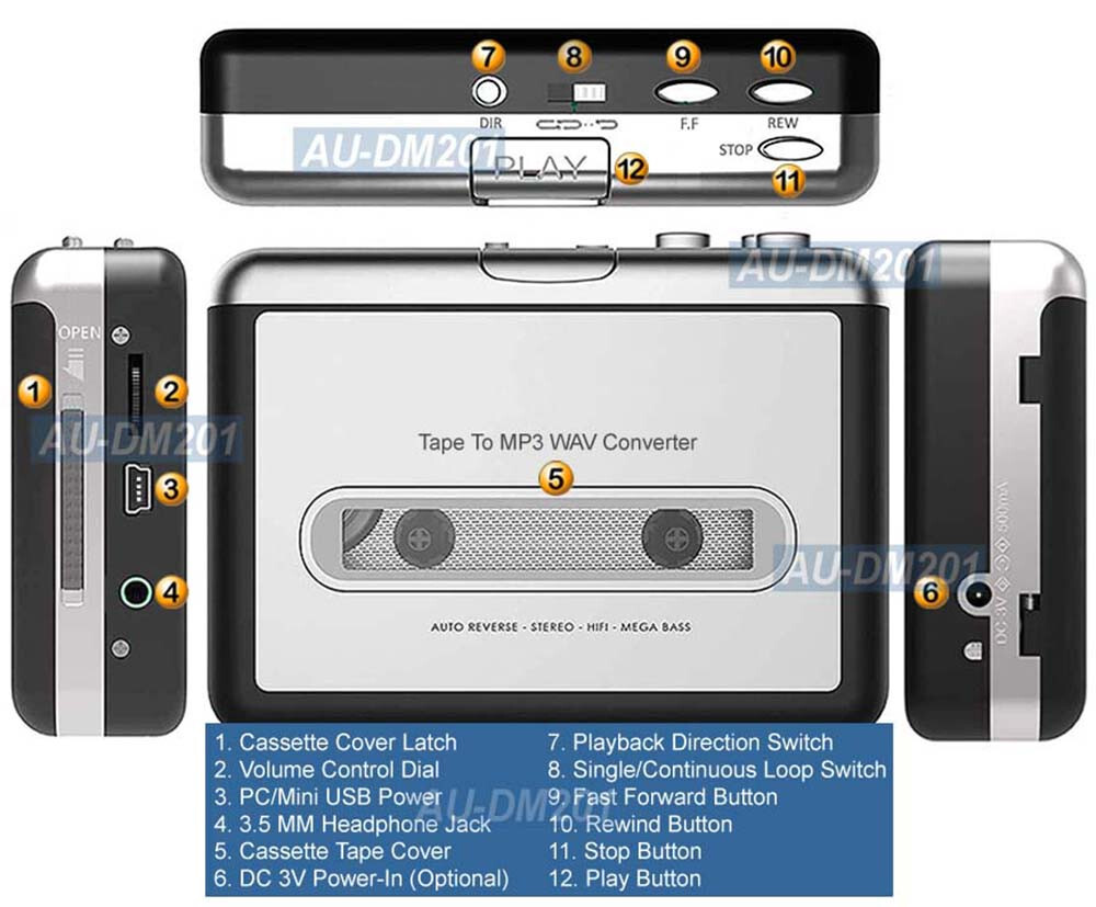 2-In-1 Cassette Player + USB Cassette Tape Recorder For PC Mac Linux System
