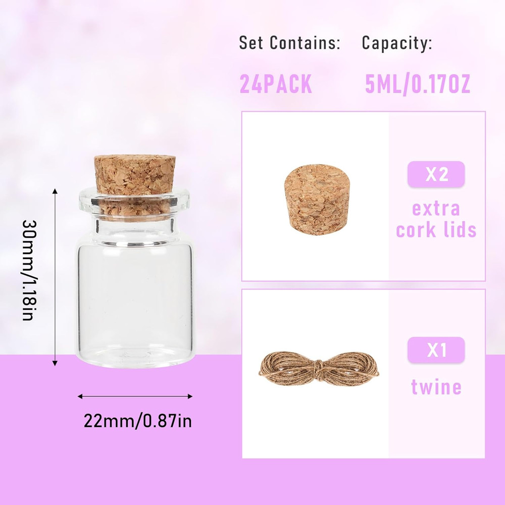 Mini Glass Bottles with Cork 5 Ml, 24 Pack Tiny Jars, Small Potion Vials, Spell