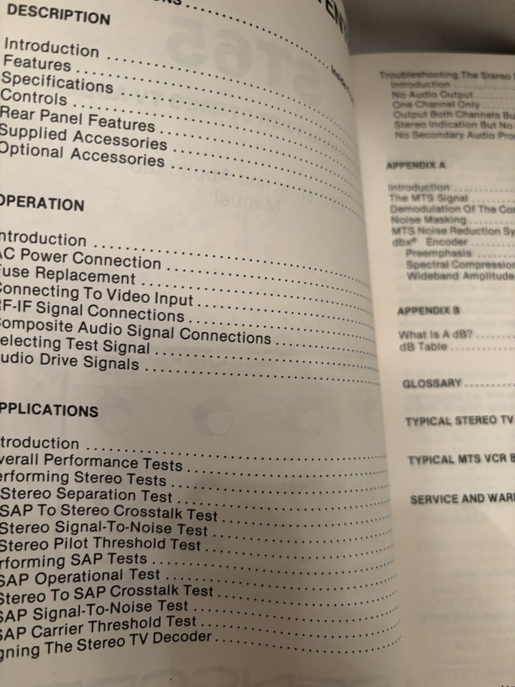 Sencore ST65 Video analyzer stereo TV adder - OPERATION & APPLICATION MANUAL
