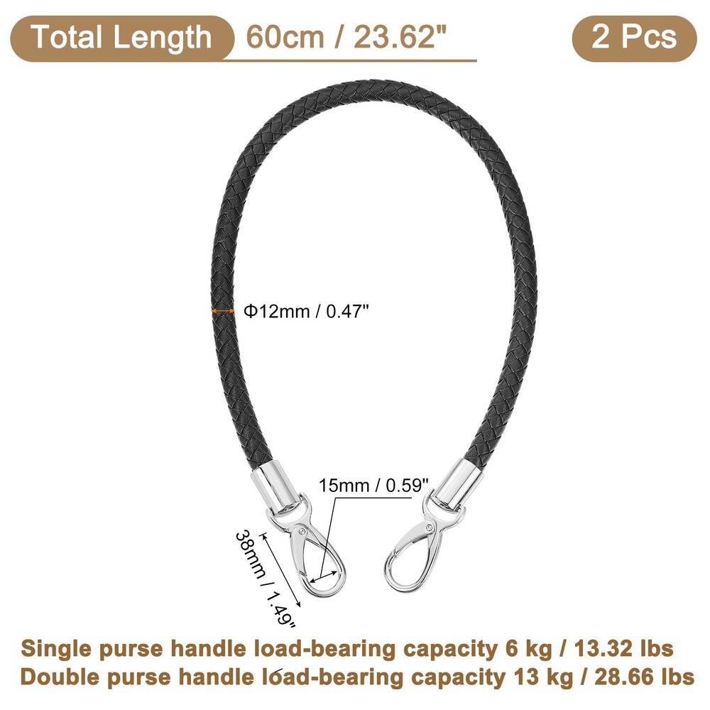 2Pcs 60cm Short Leather PU Braided Purse Replacement (Black, Silver)