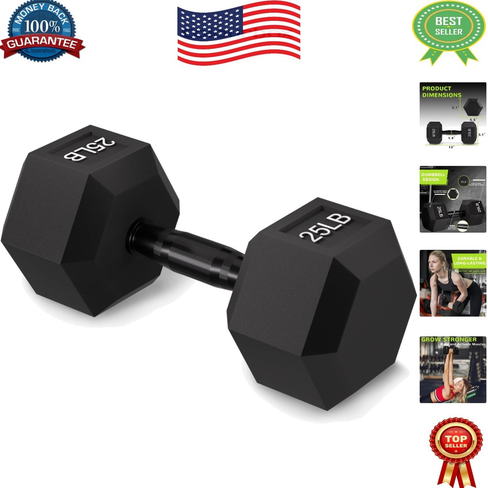 25lb Solid Cast Iron Rubber Encased Dumbbell with Secure Grip for All Workouts