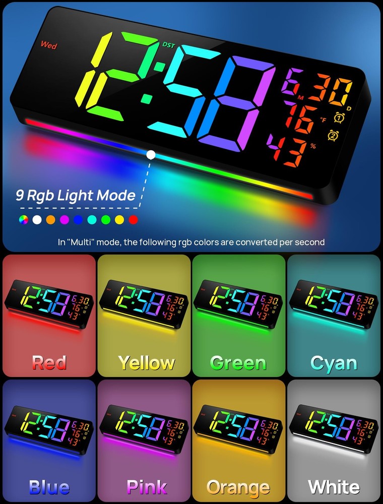 17.3" Large Digital Wall Mount Clock, Digital Clock with Remote Control, Alar...