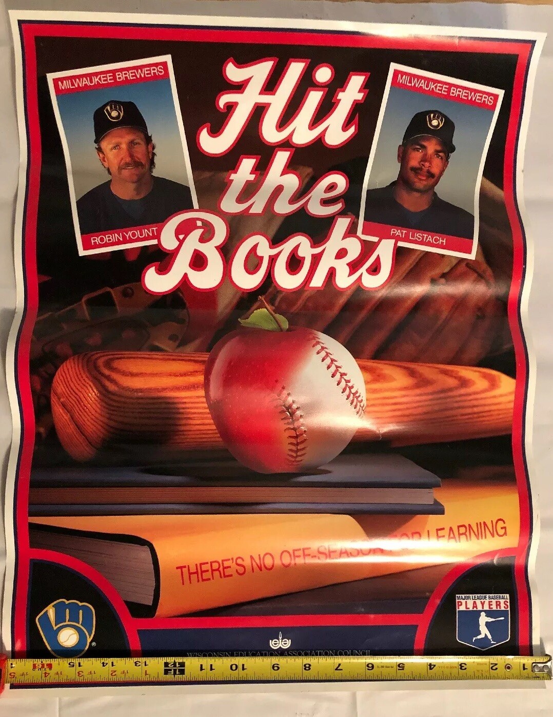 Vtg Milwaukee Brewers Robin Yount Pat Listach Hit The Books WEAC Poster. MLB