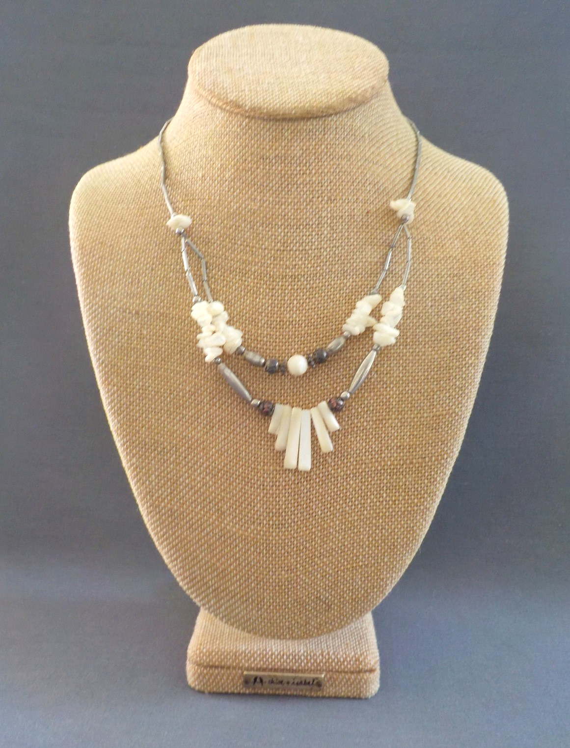 Vintage Spikey Black & Shell Necklace Silver Tone Metal Single & Double Strand