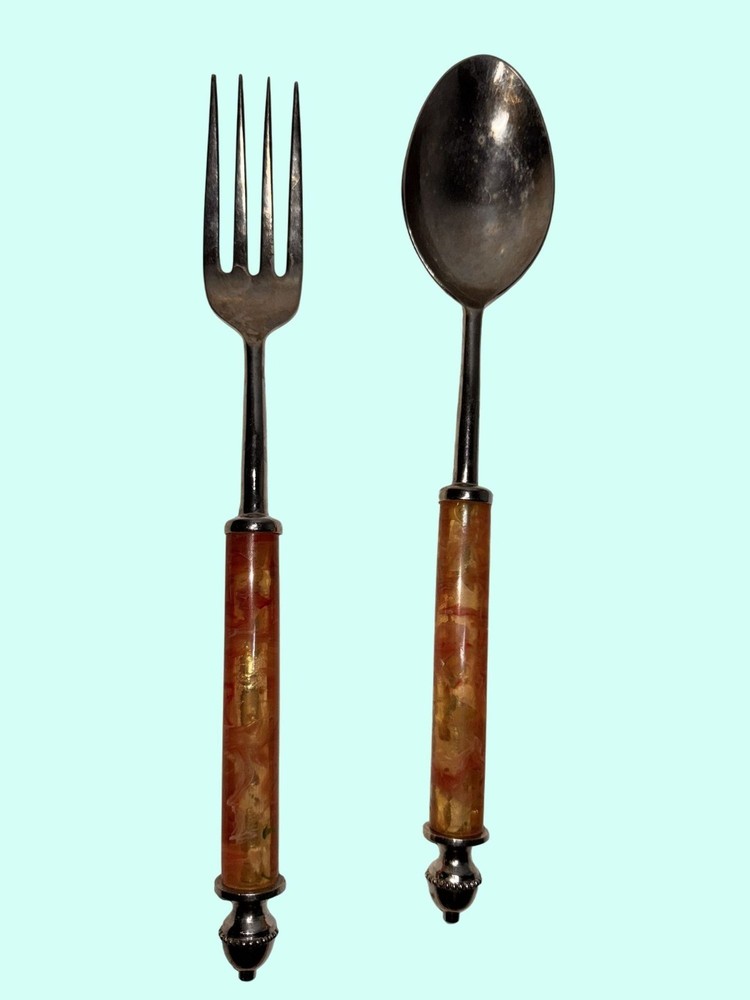 Vintage Serving Fork Spoon Set Marbled Resin Handles