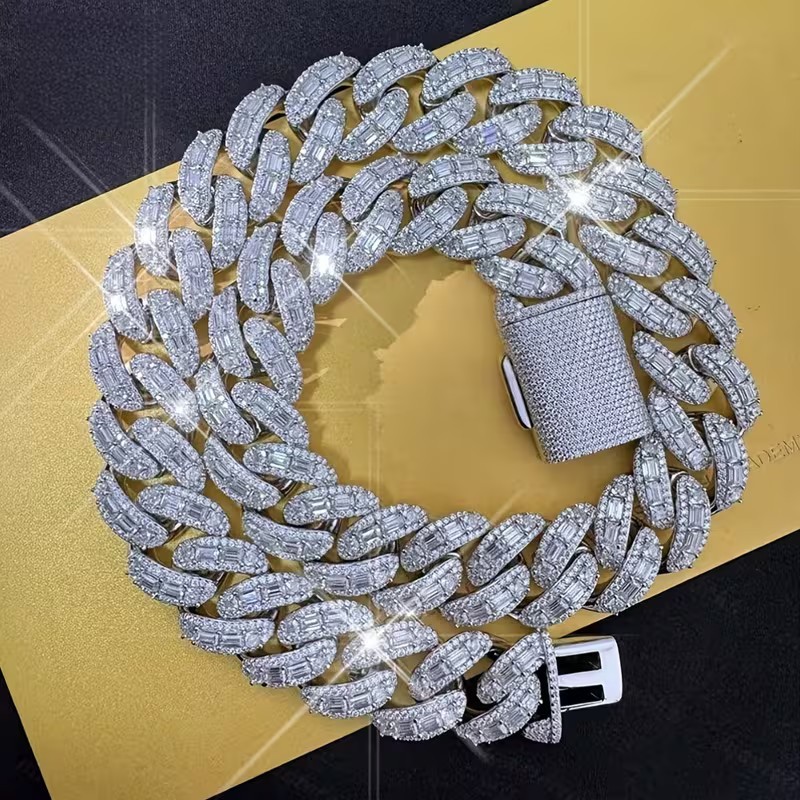 GRA Moissanite Cuban Link Necklace Silver White Baguette Box Clasp