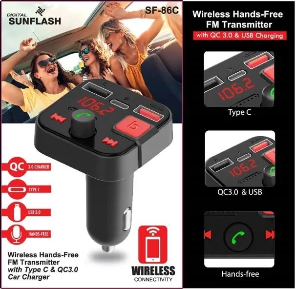 Digital Sunflash SF-86C Bluetooth Car FM Transmitter +MP3/Hands-Free+USB Charger
